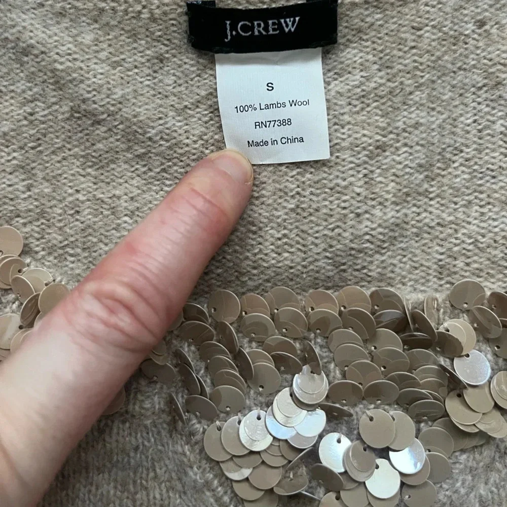 J. Crew oatmeal 100% lambs wool sequined collar long sleeve sweater Size S